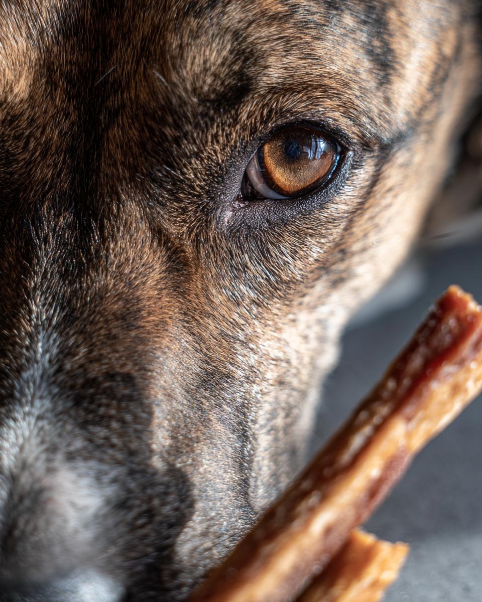 Close-up of a dog's eye and a Beef & Sweet Potato Chew Stick.