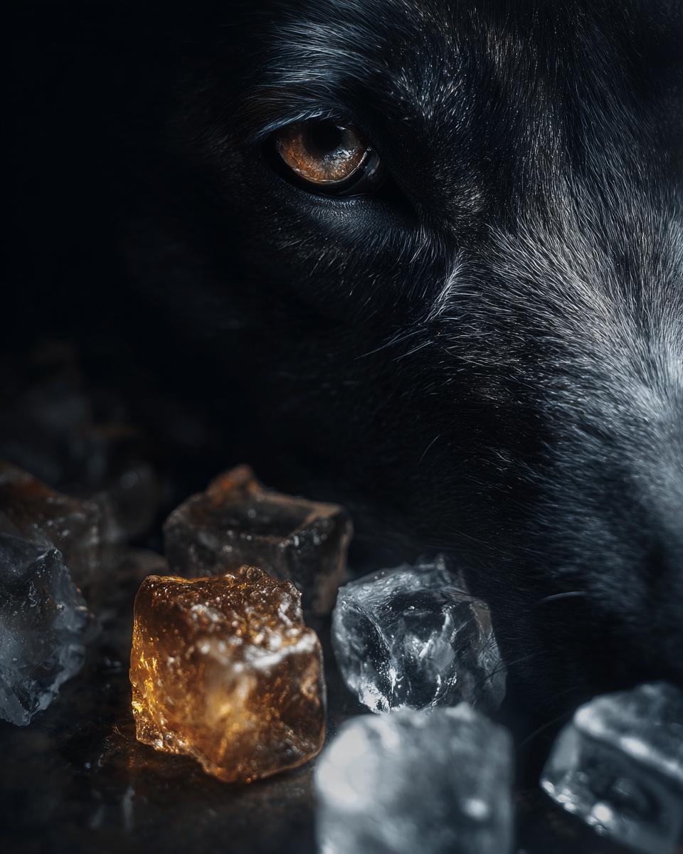 Close-up of a dog's eye looking at bone broth ice cubes, perfect for dogs.