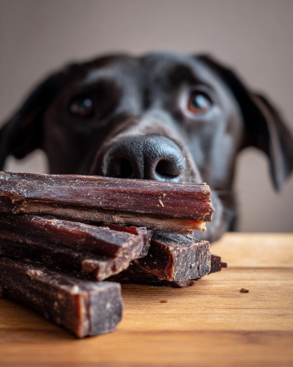 A black dog looking at a pile of Beef and Potato Homemade Dog Chews on a wooden surface.