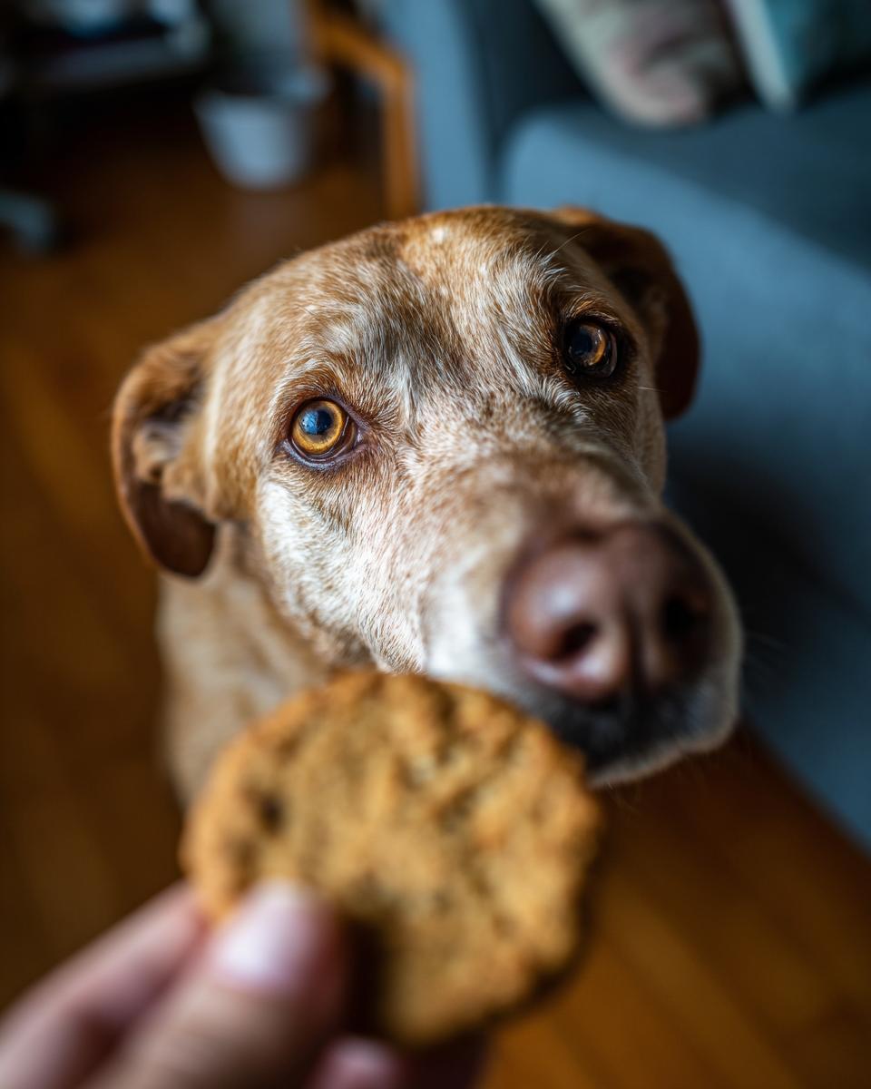 Dog looking at an Apple Carrot Homemade Dog Cookie Coin, held by a hand.
