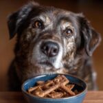 Dog looking at a bowl of Apple Cinnamon Dog Snack Squares, ready for a treat.