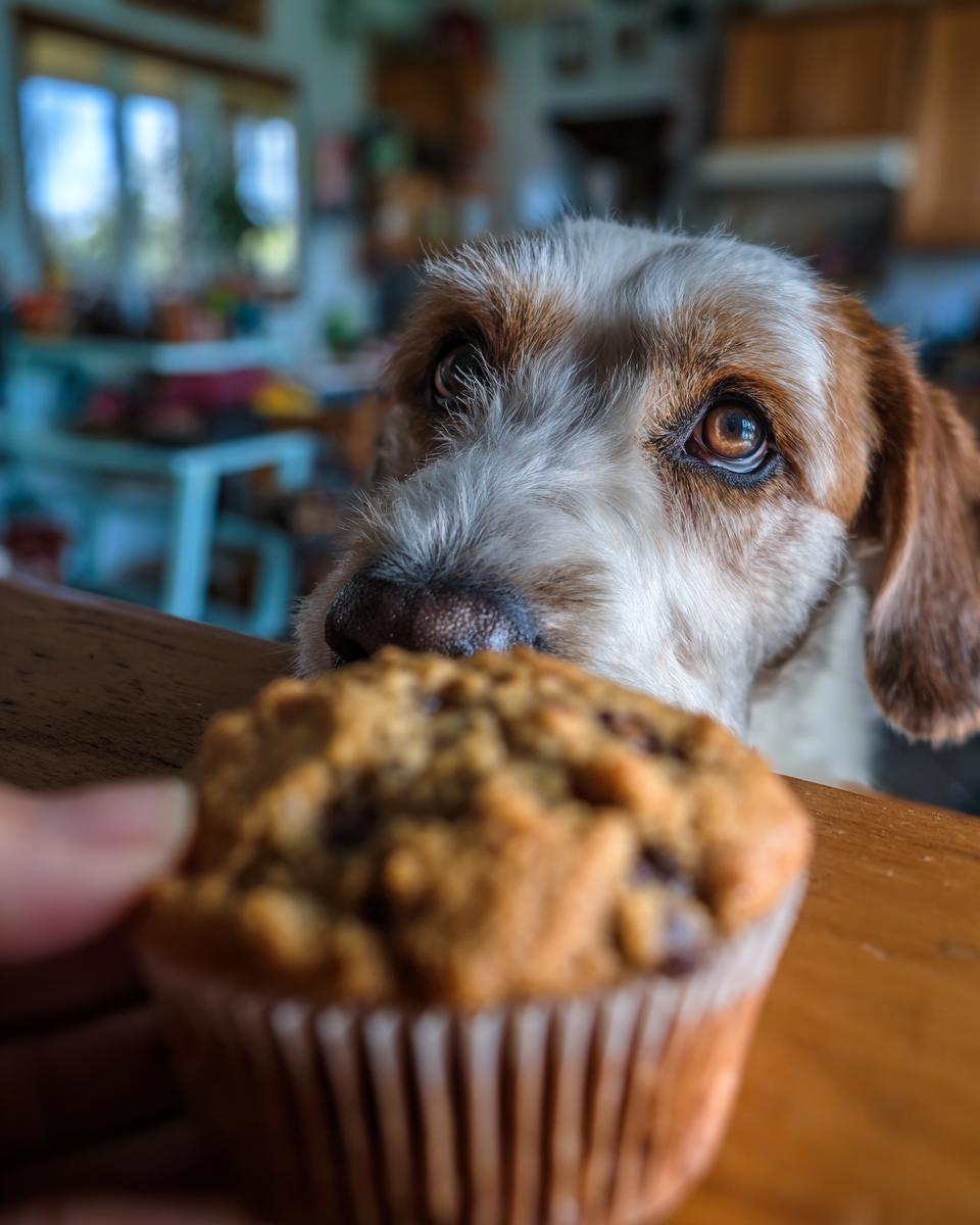 Dog looking longingly at a Chicken & Sweet Potato Soft Dog Muffin.