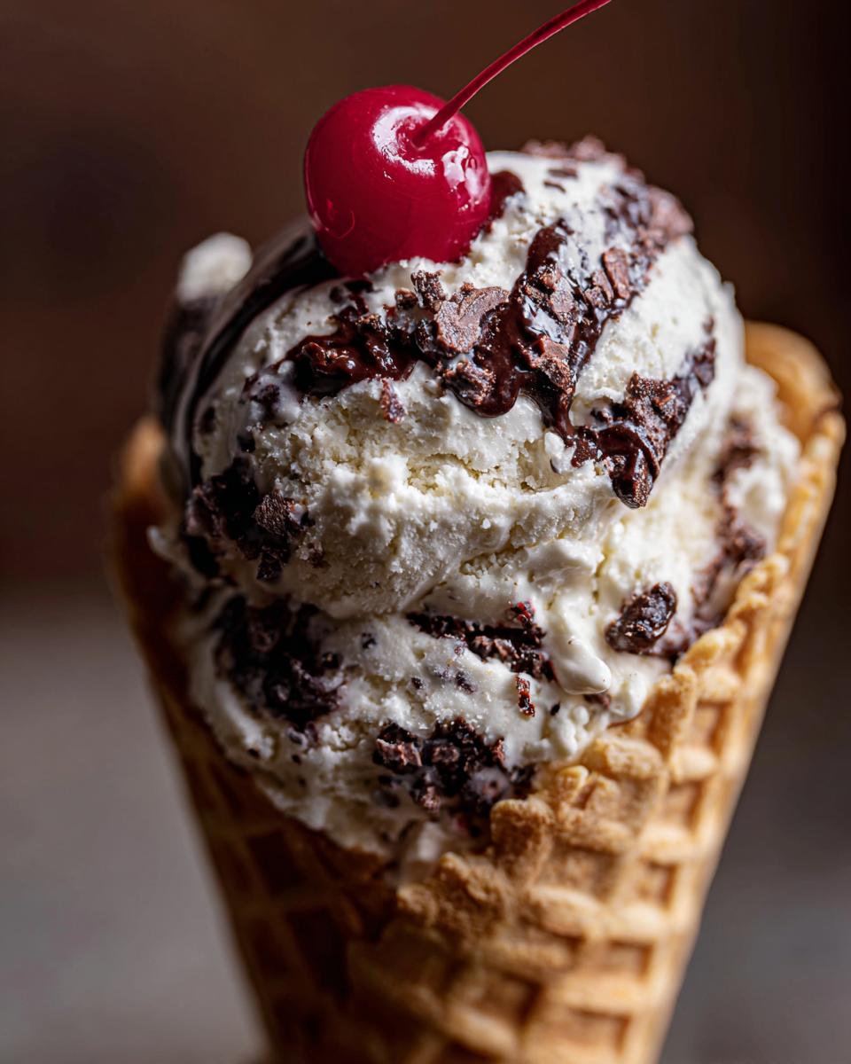 Close-up of dog ice cream in a waffle cone, topped with chocolate and a cherry. 2-Ingredient Dog Ice Cream Recipe.