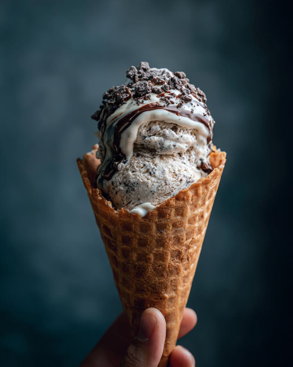 Close-up of dog ice cream in a waffle cone with toppings. Perfect for a 2-Ingredient Dog Ice Cream Recipe.