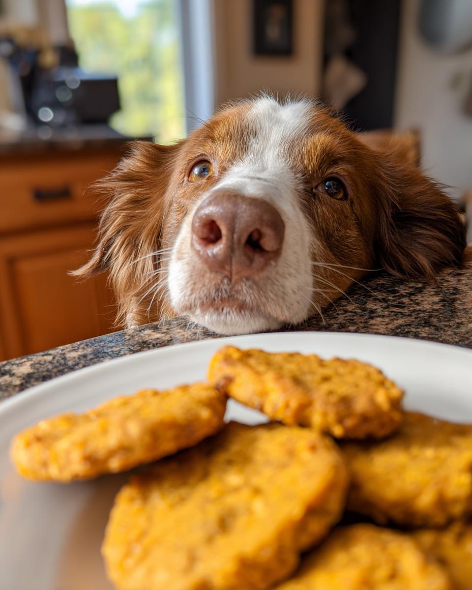 A dog looking longingly at a plate of Pumpkin Sweet Potato Dog Biscuits.
