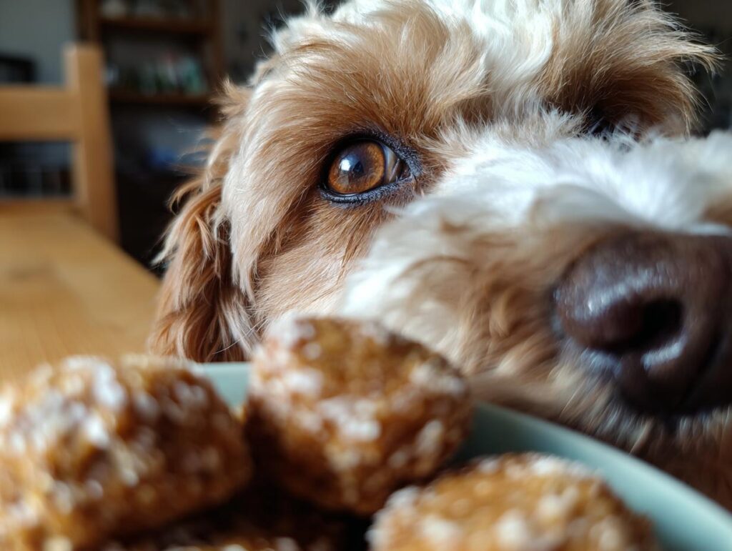 A dog looking at a bowl of Banana Peanut Butter Frozen Dog Bites, close up shot.