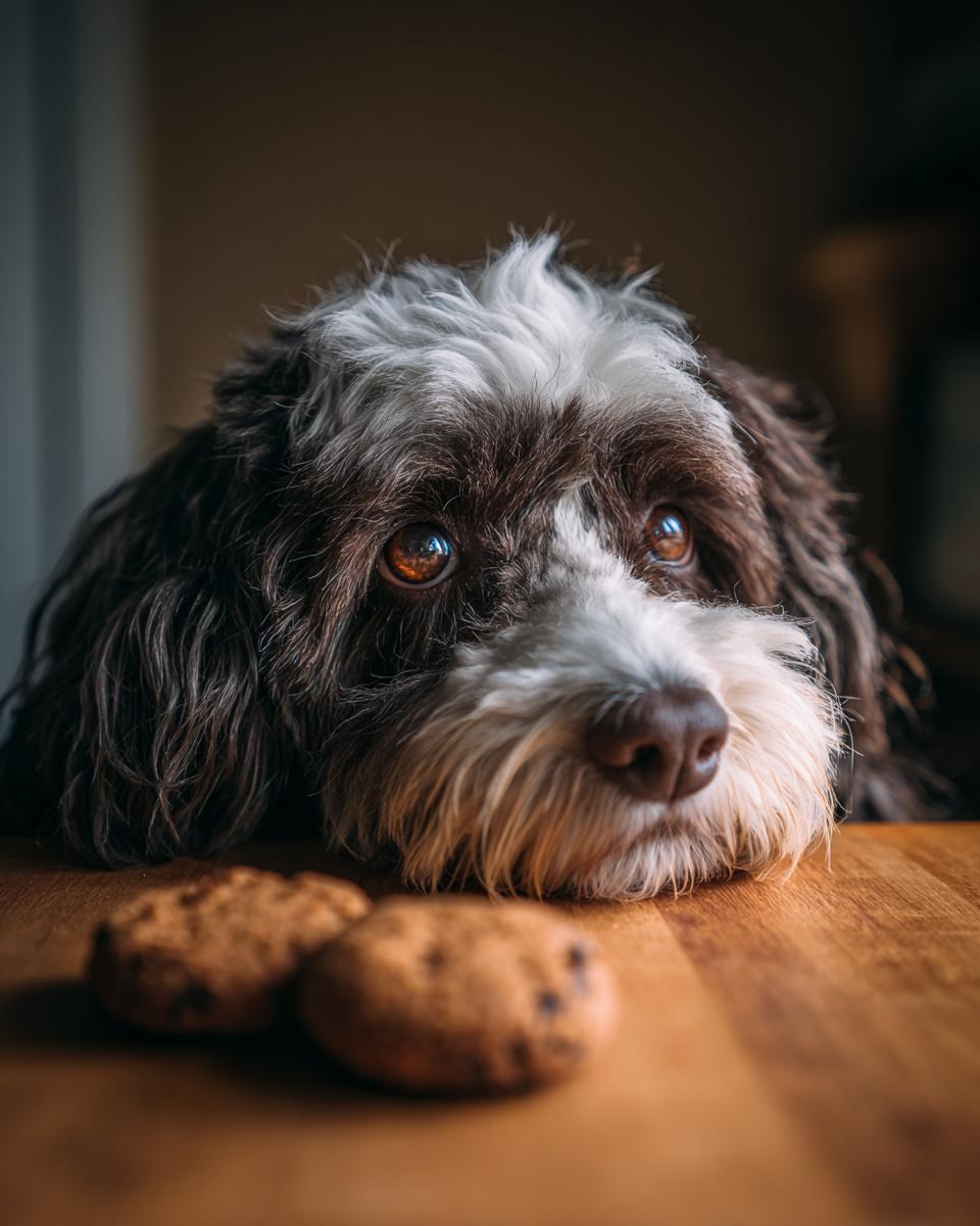 A cute dog looking at Frozen Peanut Butter Pumpkin Dog Treats on a wooden surface.