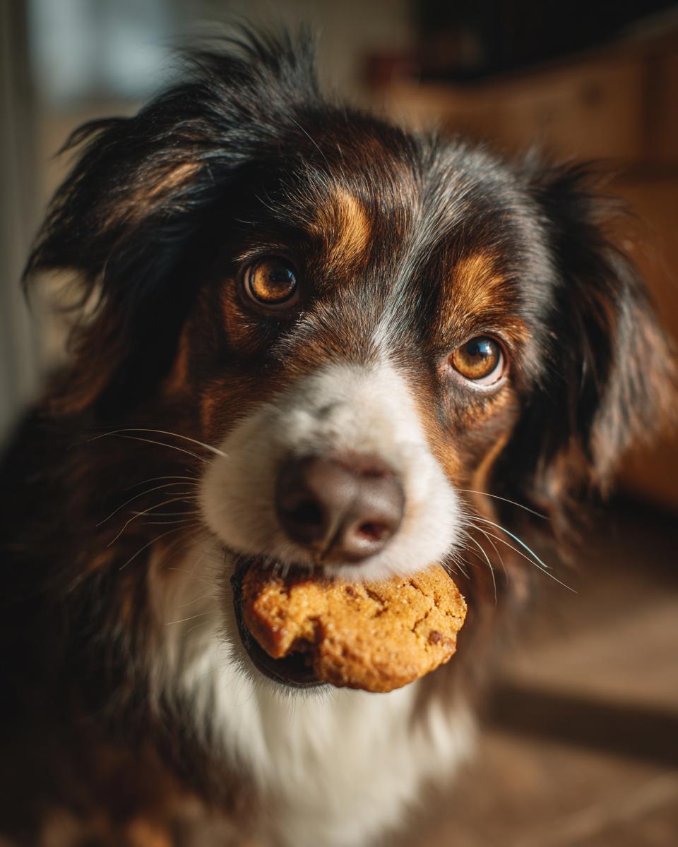 Dog holding a Frozen Peanut Butter Pumpkin Dog Treat, looking at the camera.