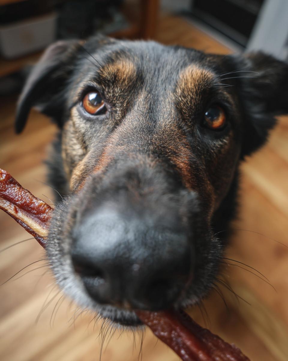 Close-up of a dog with a Protein-Packed Beef Dog Chew Stick.