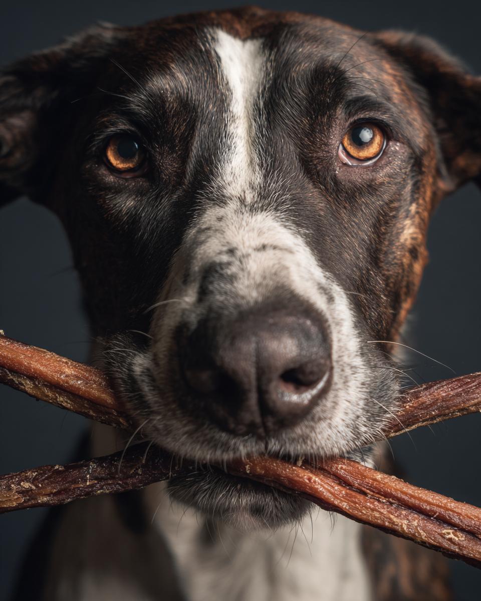 Close-up of a dog holding protein-packed beef dog chew sticks in its mouth.