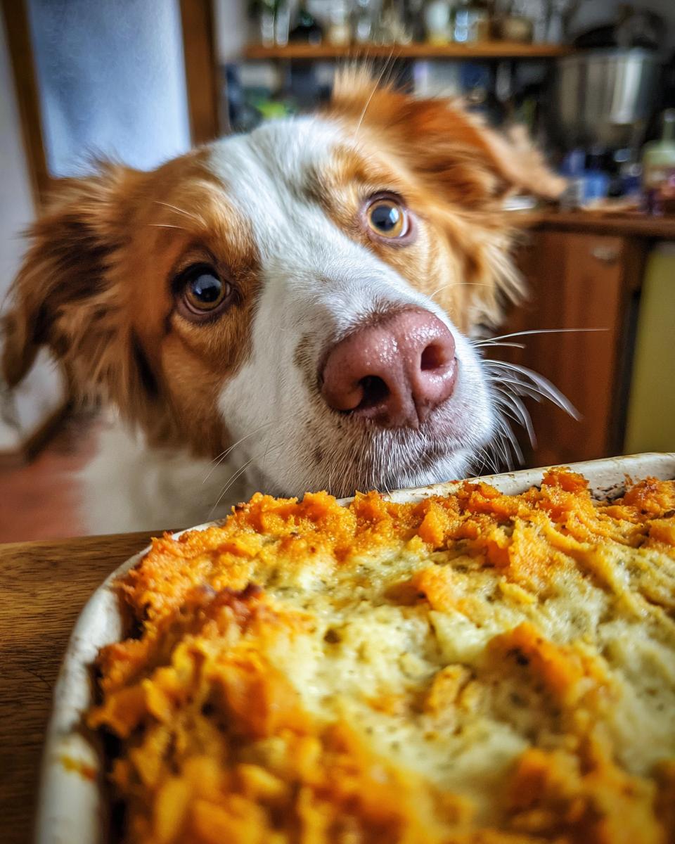 A dog looking at a dish of Sweet Potato and Pea Puppy Mash Topper.