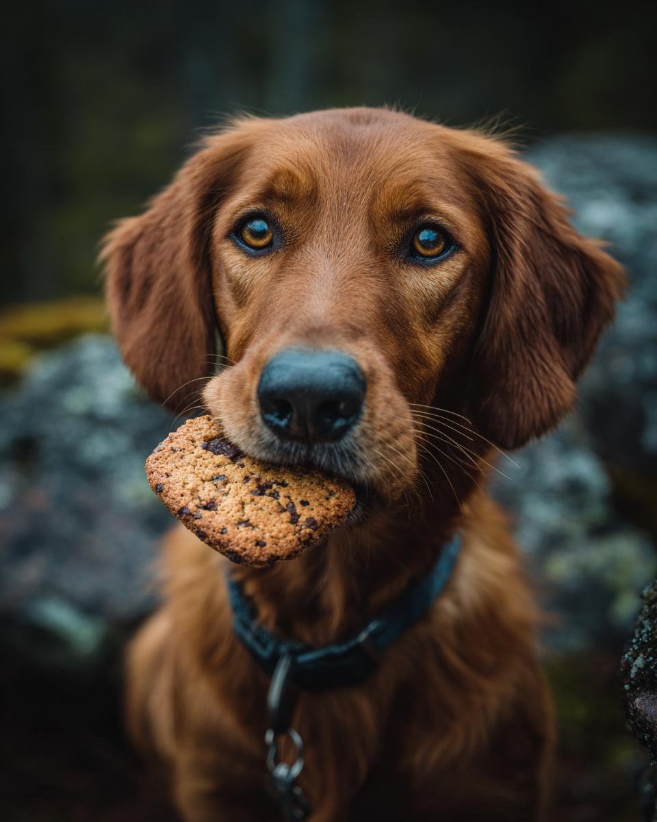 A golden retriever holding an Apple Carrot Homemade Dog Cookie Coin in its mouth.