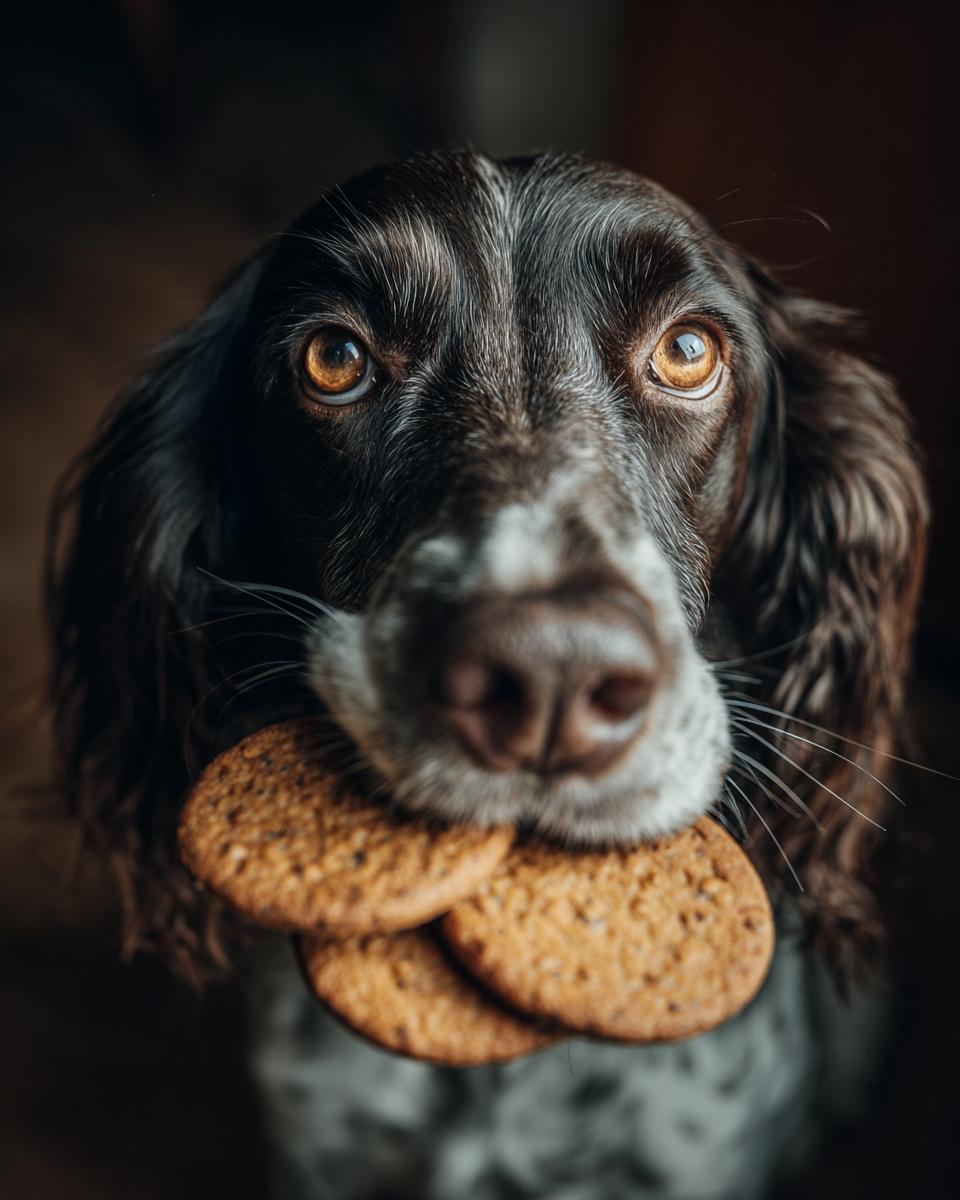 A dog holding Apple Carrot Homemade Dog Cookie Coins in its mouth, looking at the camera.