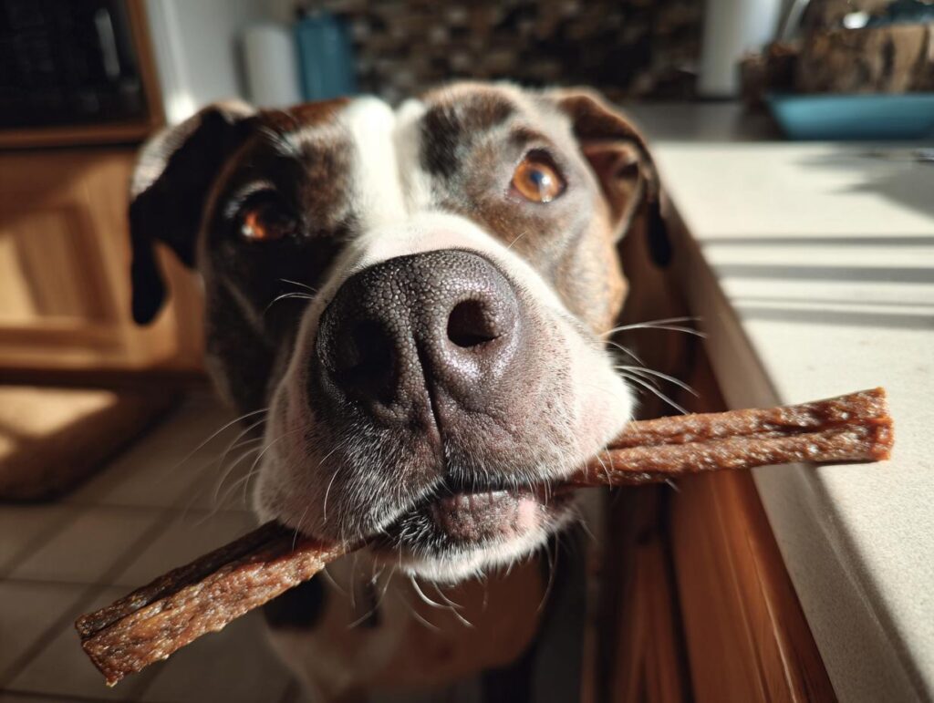 Dog holding a Beef and Lentil Energy Chew Stick in its mouth, close-up.