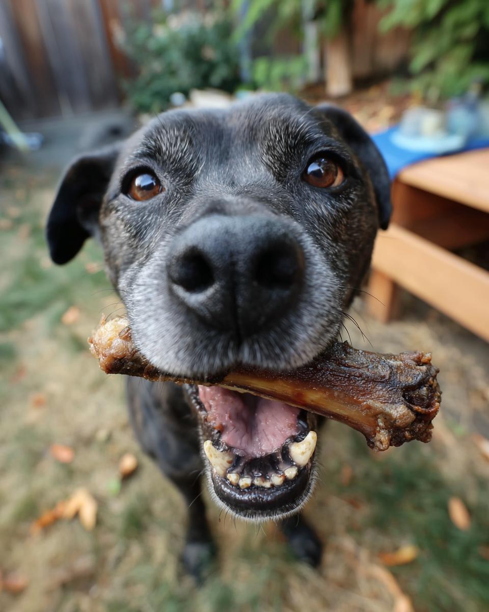Close-up of a happy dog holding a Beef and Peanut Butter Dog Chew Stick in its mouth, looking at the camera.