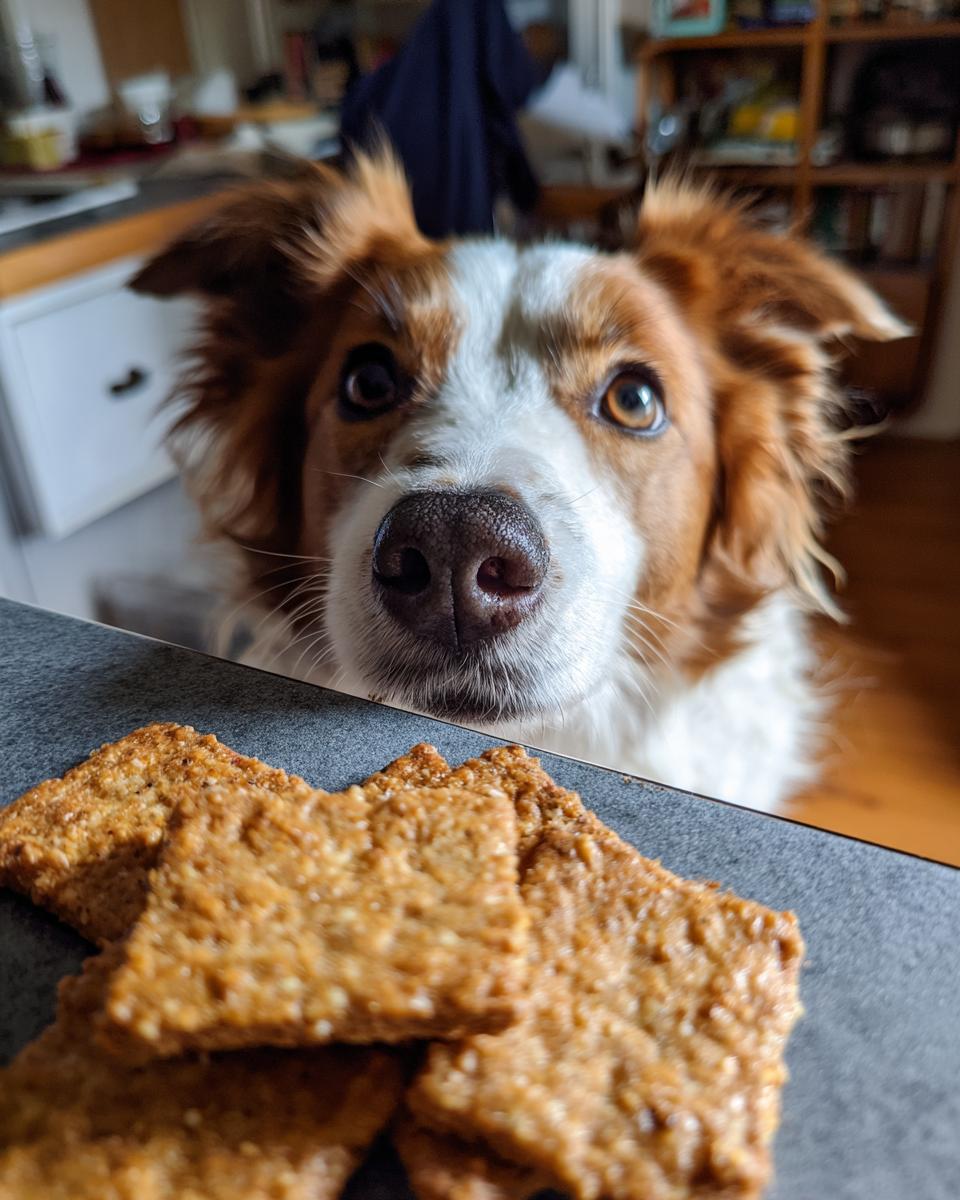 A dog looking at a pile of Chicken & Oat Crunchy Dog Crackers.