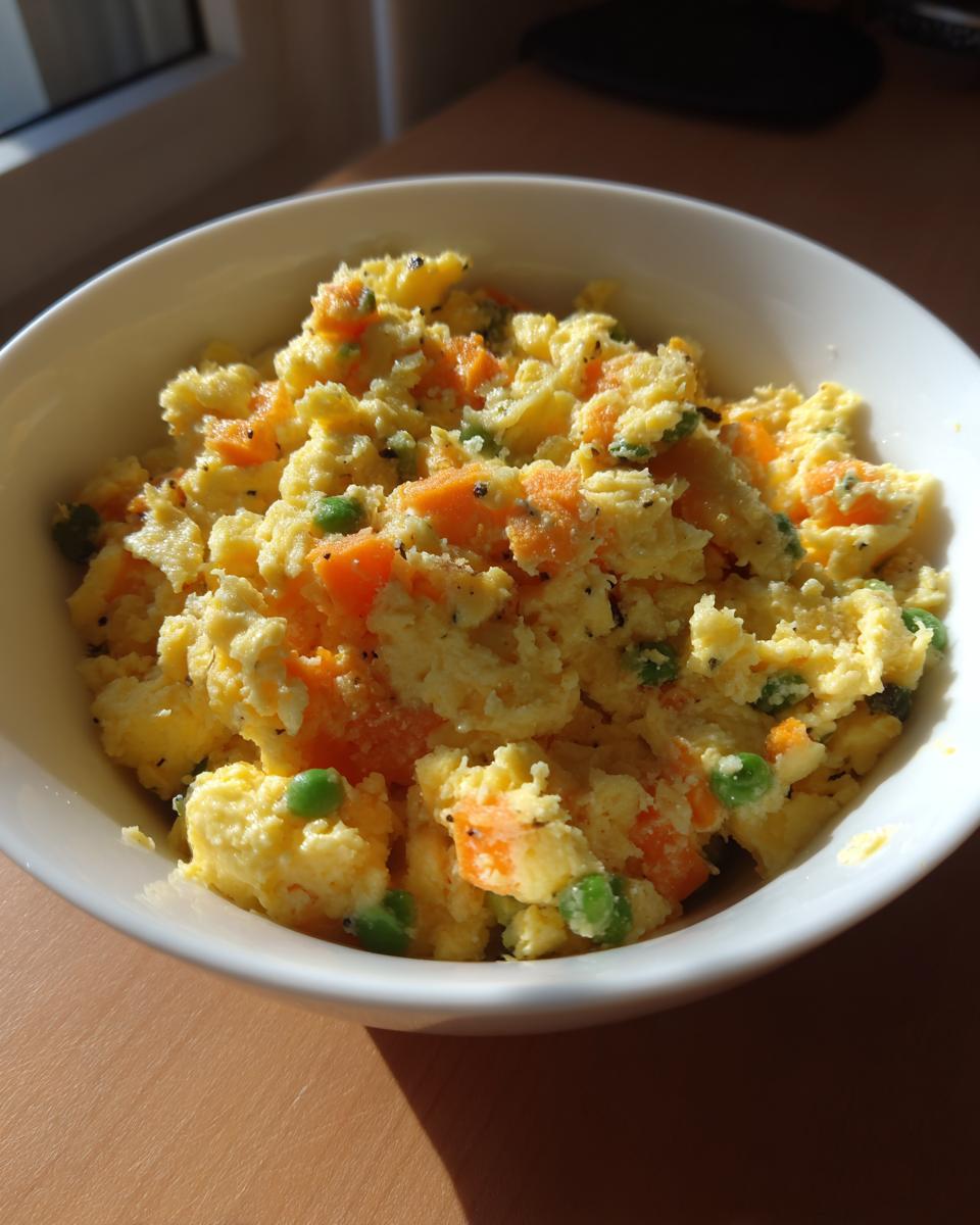 Close-up of a homemade Egg and Oat Homemade Dog Breakfast Bowl in a white bowl, with carrots and peas.