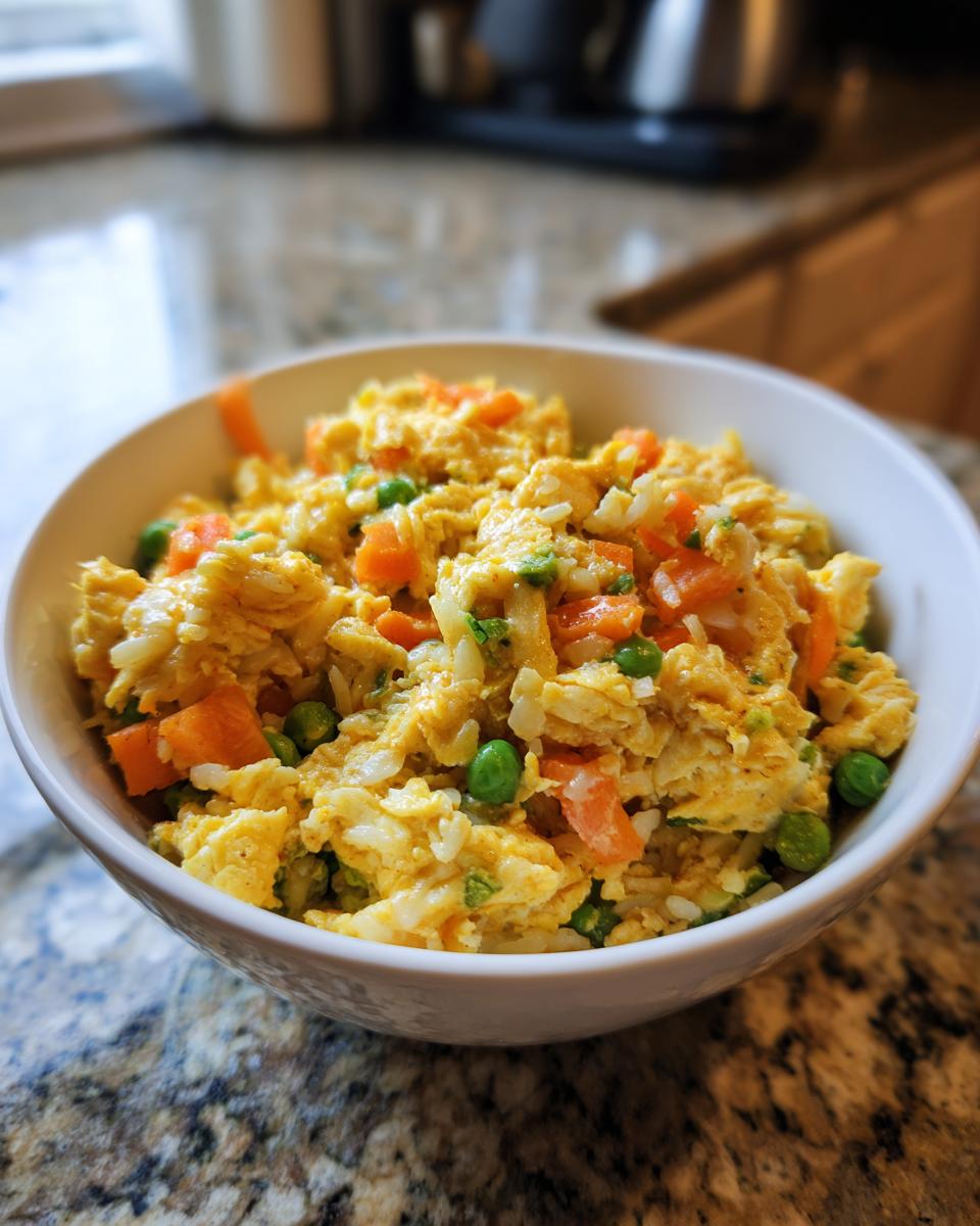 Close-up of a bowl filled with an Egg and Oat Homemade Dog Breakfast Bowl, including eggs, carrots, and peas.