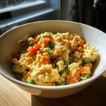 Close-up of a bowl with a homemade Egg and Oat Dog Breakfast Bowl with carrots and peas.