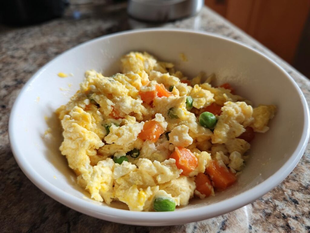 Close-up of an Egg and Oat Homemade Dog Breakfast Bowl with scrambled eggs, carrots, and peas.