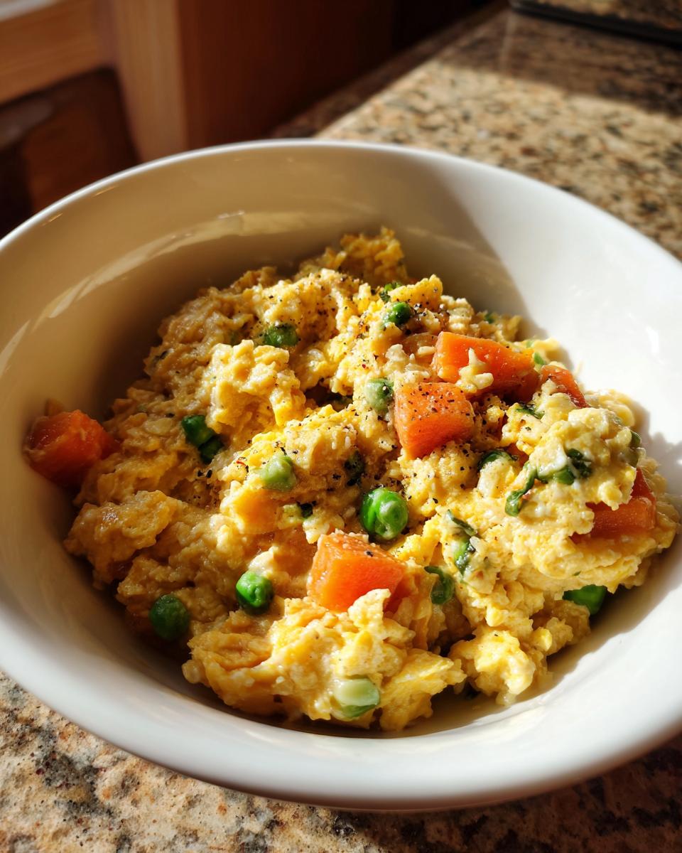 Close-up of an Egg and Oat Homemade Dog Breakfast Bowl with carrots and peas.