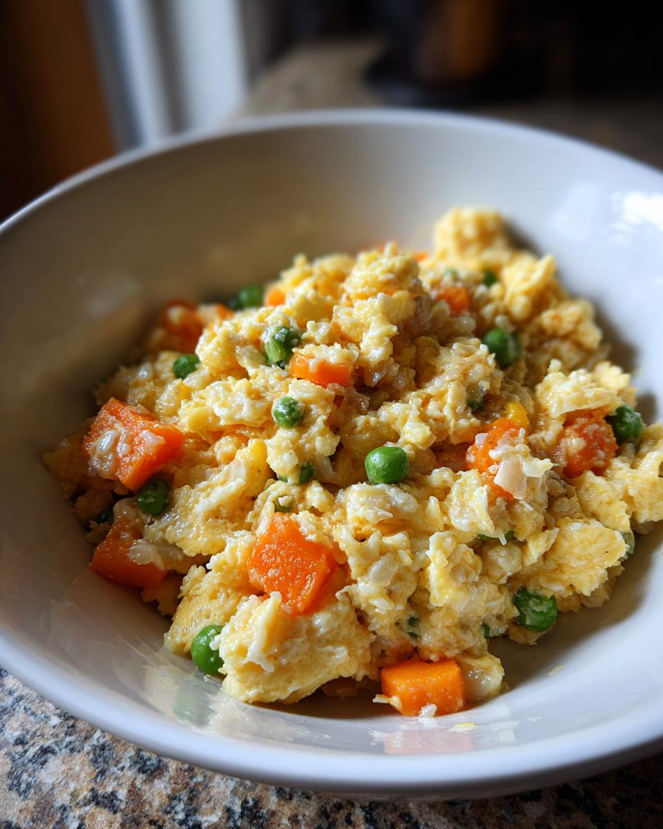 Close-up of an Egg and Oat Homemade Dog Breakfast Bowl with scrambled eggs, carrots, and peas.