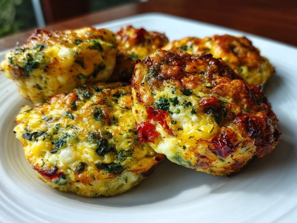 Close-up of Egg & Spinach Mini Dog Omelette Bites on a white plate, perfect for your dog.