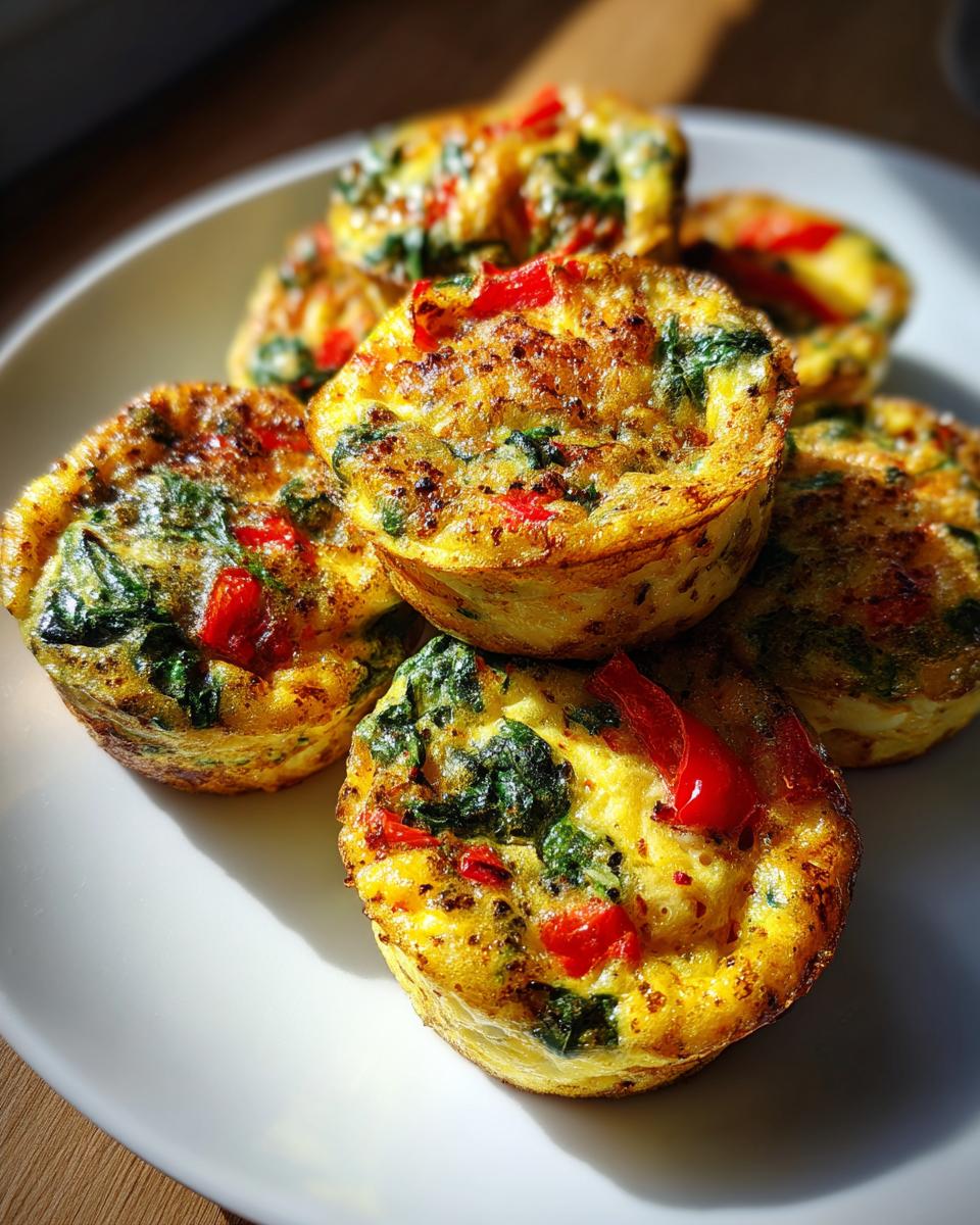 Close-up of Egg & Spinach Mini Dog Omelette Bites on a white plate, showing spinach and red pepper.