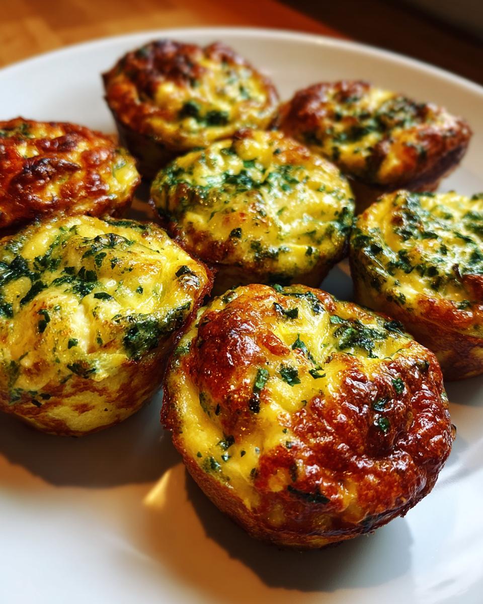 Close-up of Egg & Spinach Mini Dog Omelette Bites on a white plate.