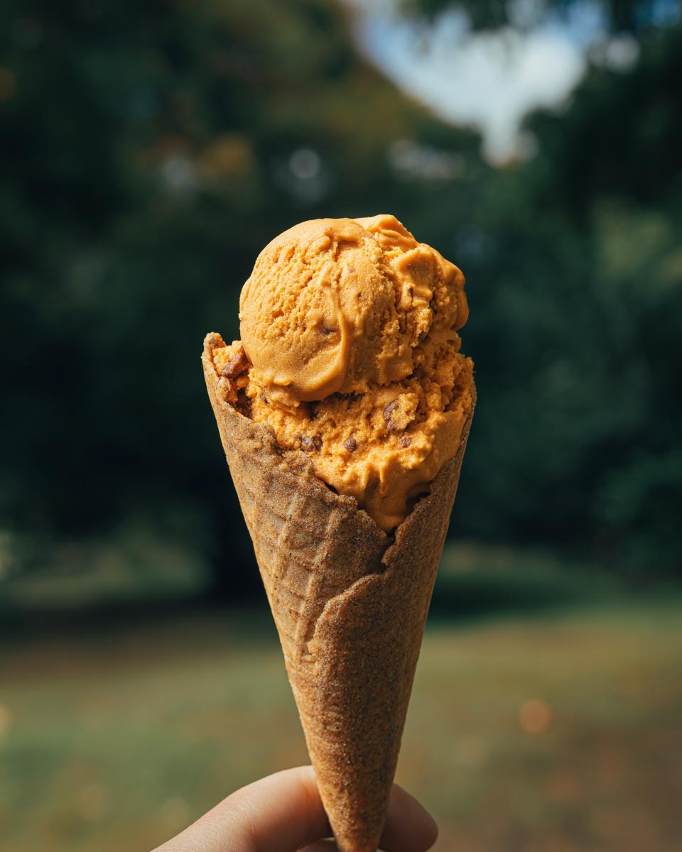 A hand holding a scoop of Frozen Pumpkin Yogurt Dog Treats in a cone, perfect for a dog.