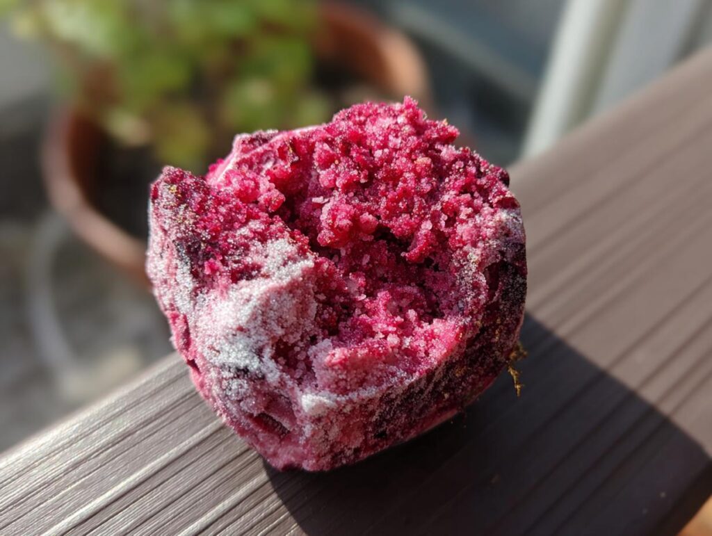 Close-up of a frozen Easy Yogurt Berry Frozen Dog Treat, showing the texture and color.