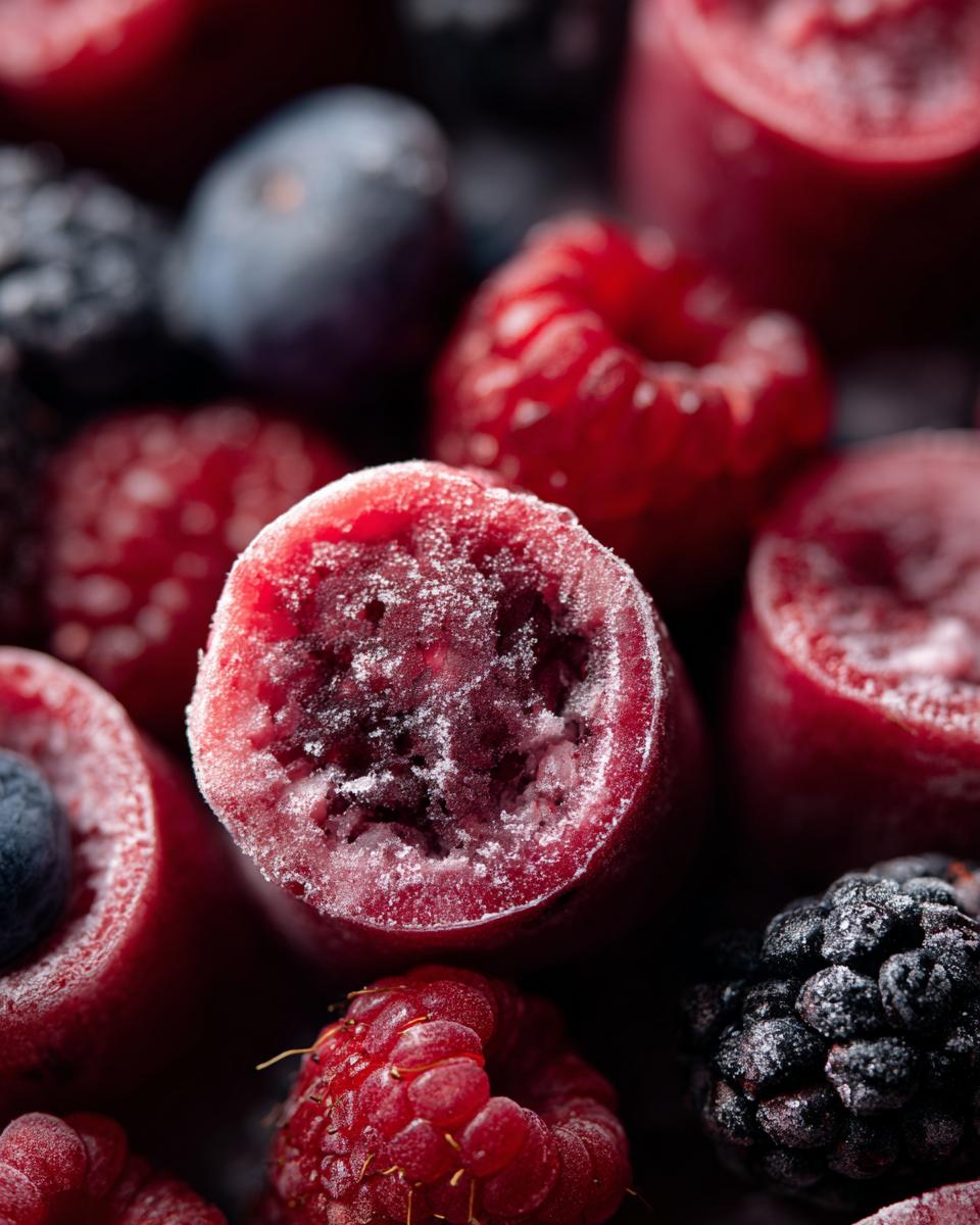 Close-up of frozen Easy Yogurt Berry Frozen Dog Treats with raspberries, blueberries, and blackberries.