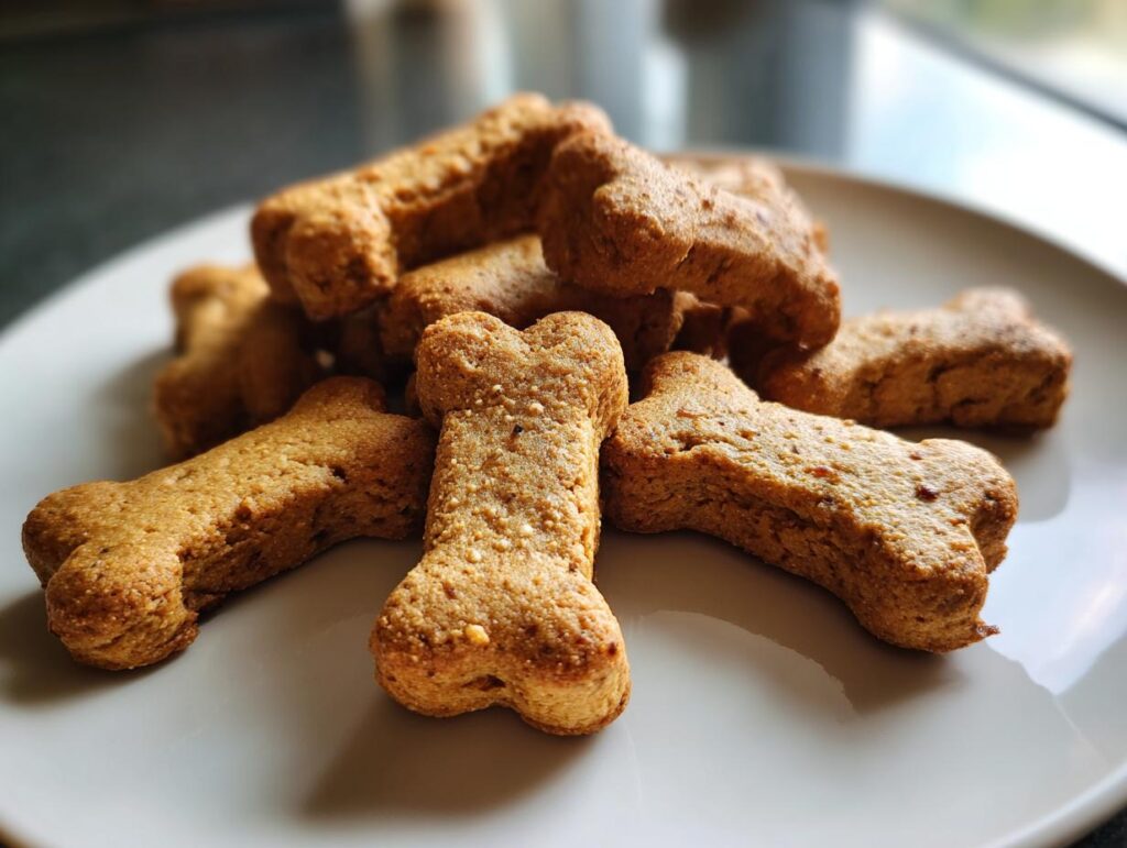 Close-up of a pile of bone-shaped Gluten-Free Pumpkin Dog Biscuits on a white plate.