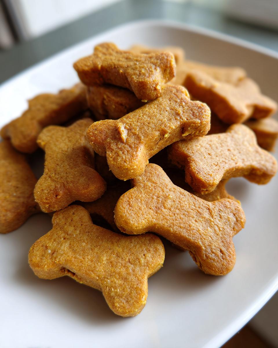 Close-up of a pile of bone-shaped Gluten-Free Pumpkin Dog Biscuits on a white plate.
