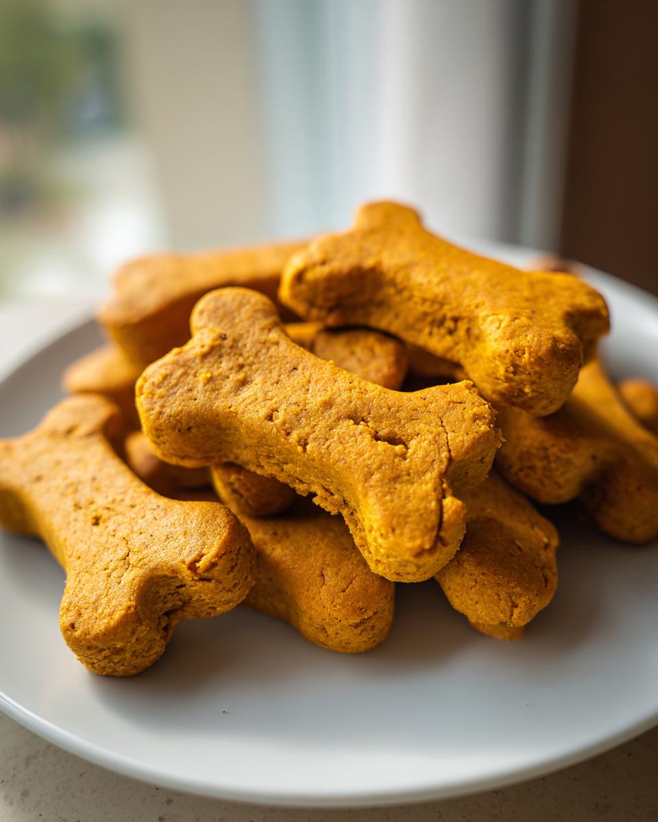 Close-up of a plate of bone-shaped Gluten-Free Pumpkin Dog Biscuits, golden brown and delicious.