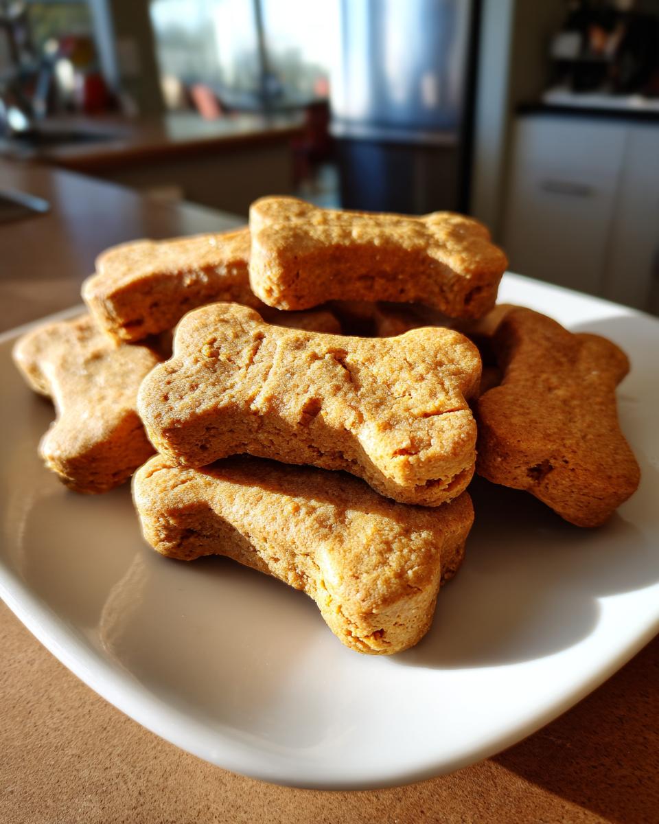 Pile of bone-shaped Gluten-Free Pumpkin Dog Biscuits on a white plate, ready for treats.