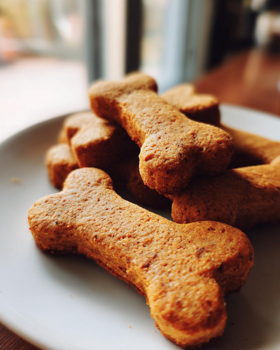 Close-up of bone-shaped Gluten-Free Pumpkin Dog Biscuits on a white plate.