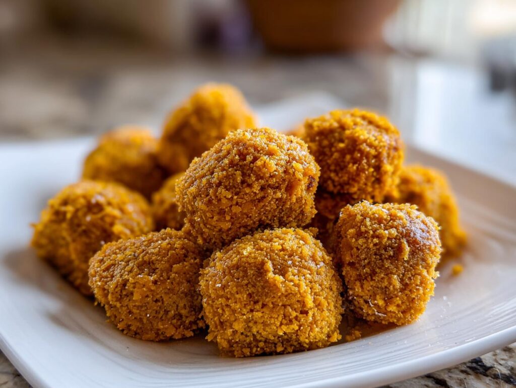 Close-up of a pile of Healthy Pumpkin Oatmeal Dog Treats on a white plate.