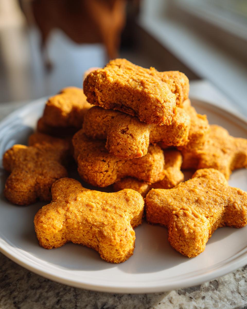 Pile of homemade Healthy Pumpkin Oatmeal Dog Treats on a plate, shaped like bones.
