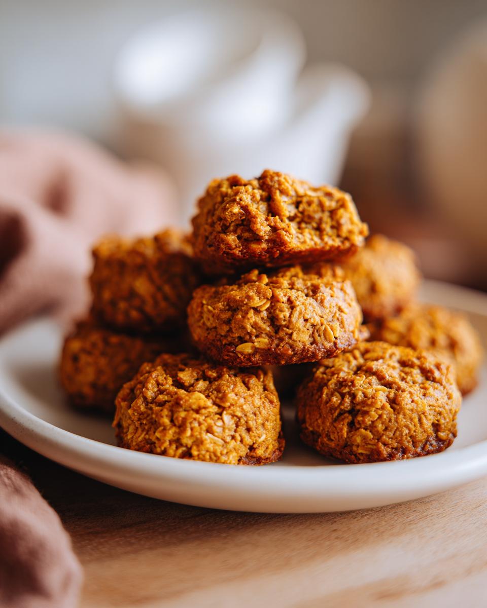 Close-up of a stack of Healthy Pumpkin Oatmeal Dog Treats on a white plate, perfect for your furry friend.