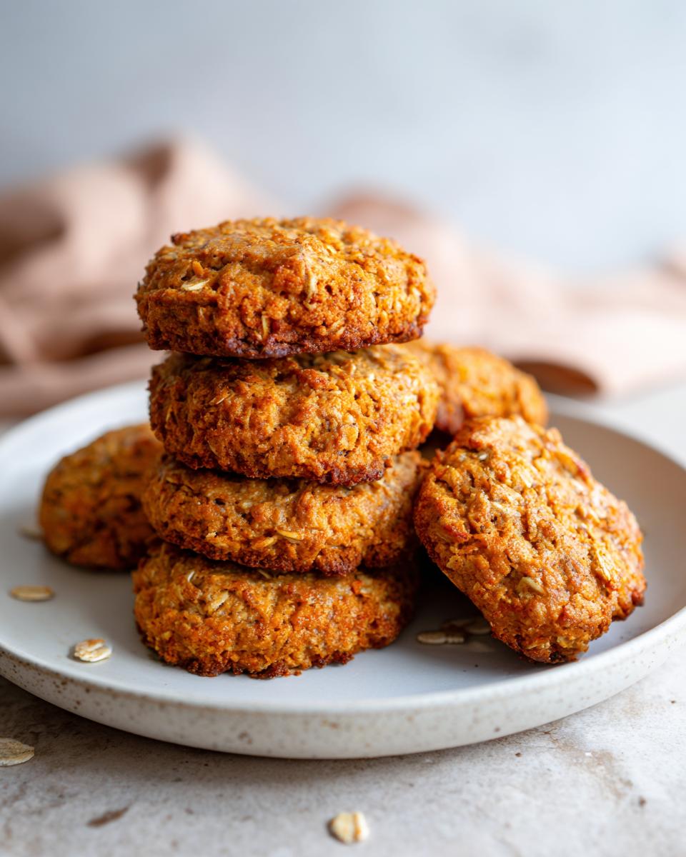 A stack of homemade Healthy Pumpkin Oatmeal Dog Treats on a plate, ready to be enjoyed.