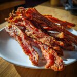 Close-up of a pile of Homemade Air-Dried Chicken Jerky-Style Dog Bites on a white plate.