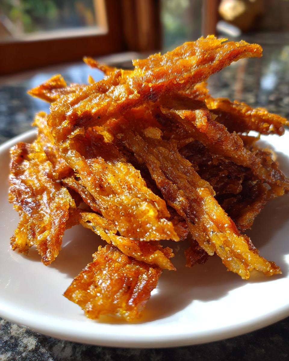Close-up of a pile of homemade air-dried chicken jerky-style dog bites on a white plate.