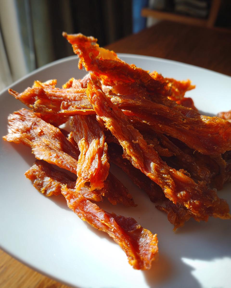 Close-up of Homemade Air-Dried Chicken Jerky-Style Dog Bites on a white plate, ready to eat.