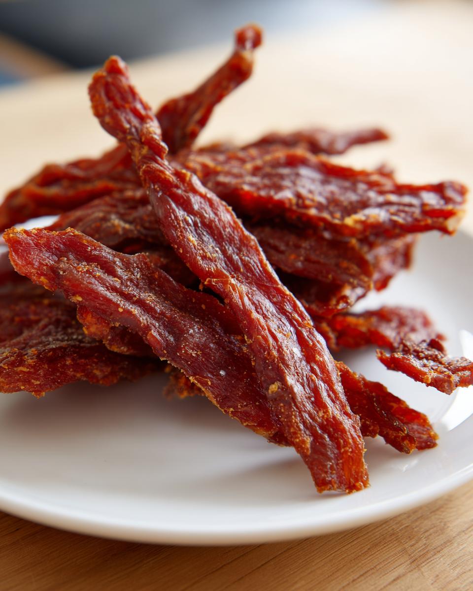 Close-up of a pile of homemade air-dried chicken jerky-style dog bites on a white plate.