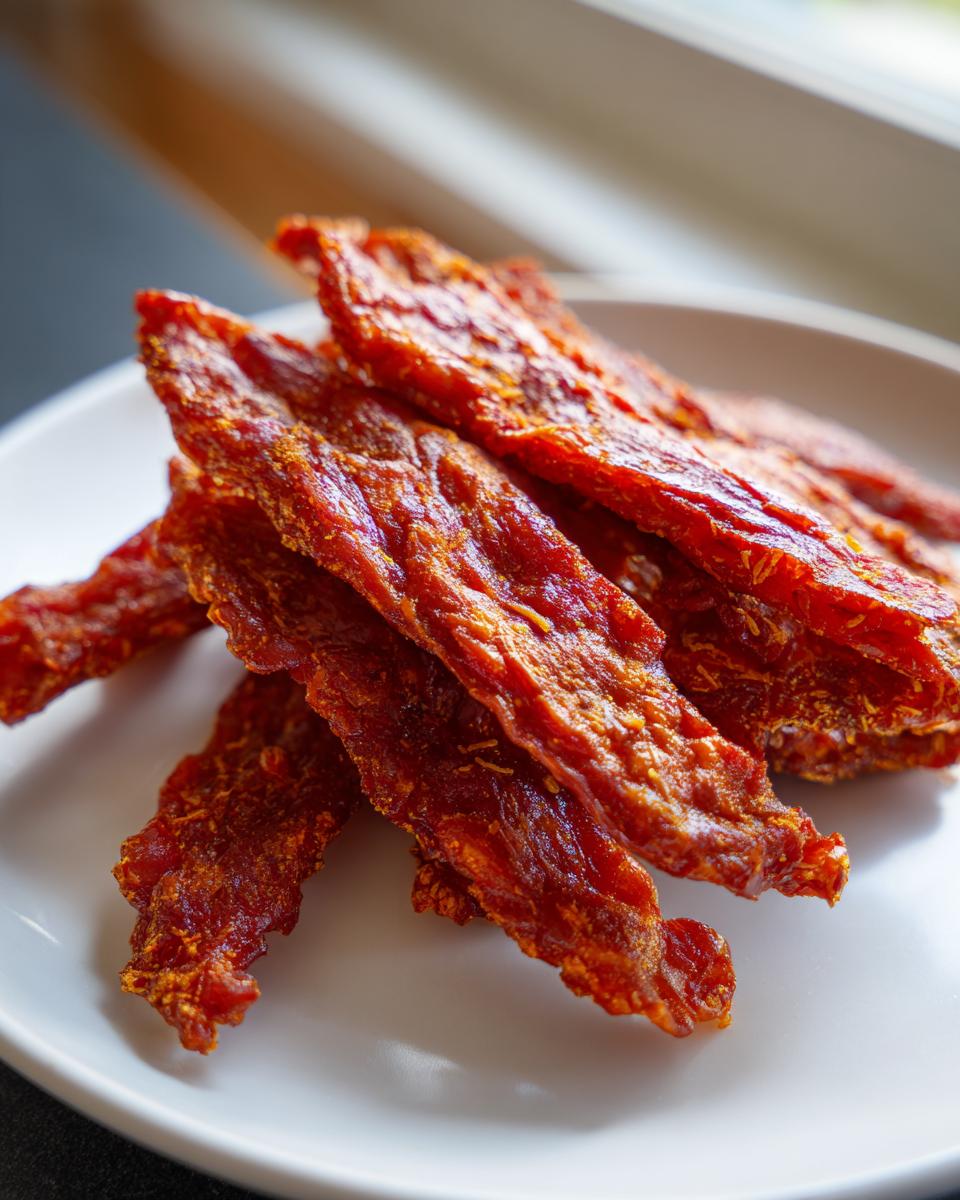 Close-up of homemade air-dried chicken jerky bites on a white plate, ready for dogs.