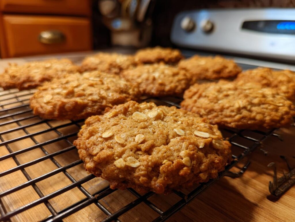 Close-up of freshly baked Homemade Apple Oat Dog Biscuit Crunchies on a cooling rack.
