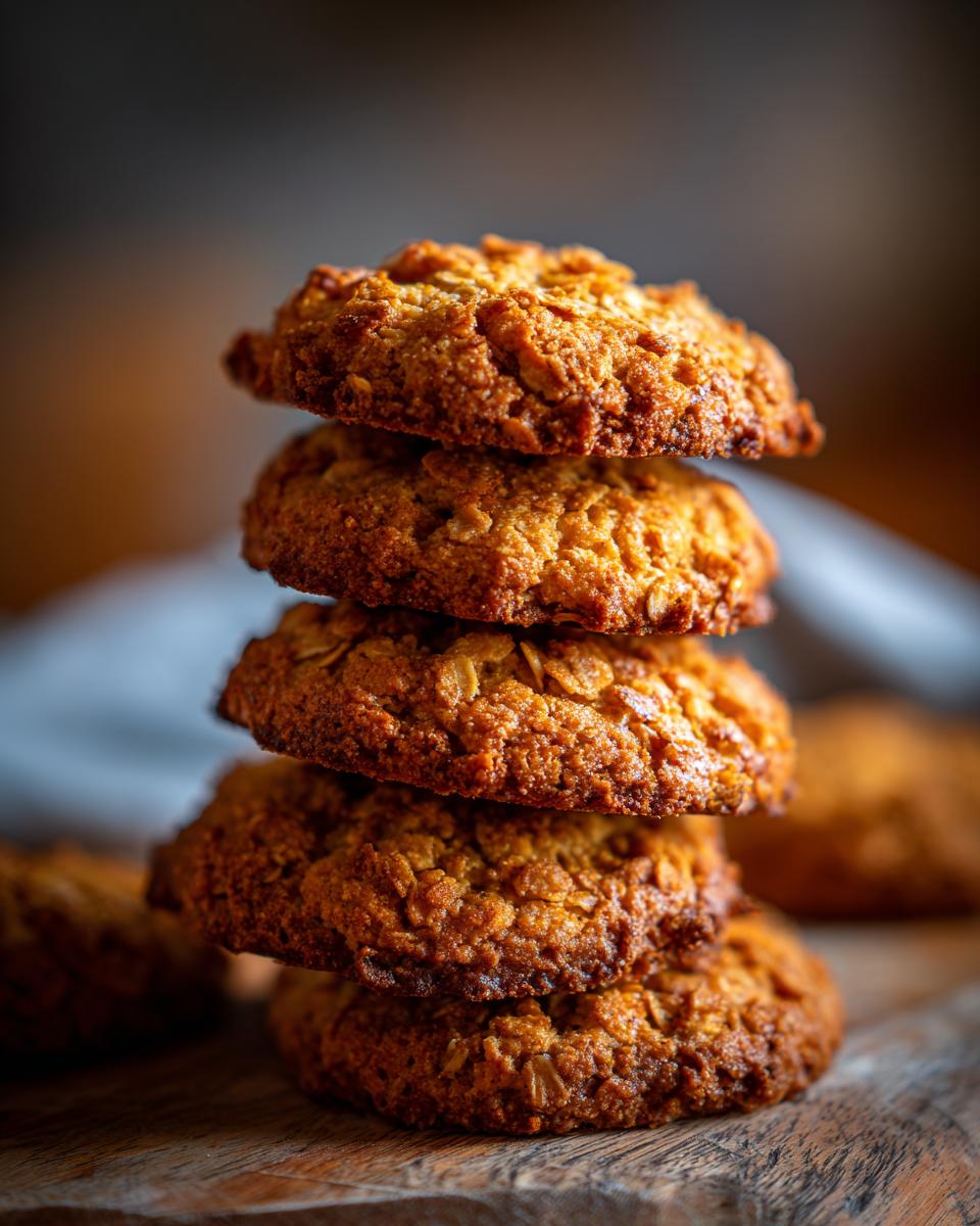 Stack of golden brown Homemade Apple Oat Dog Biscuit Crunchies, perfect dog treats.