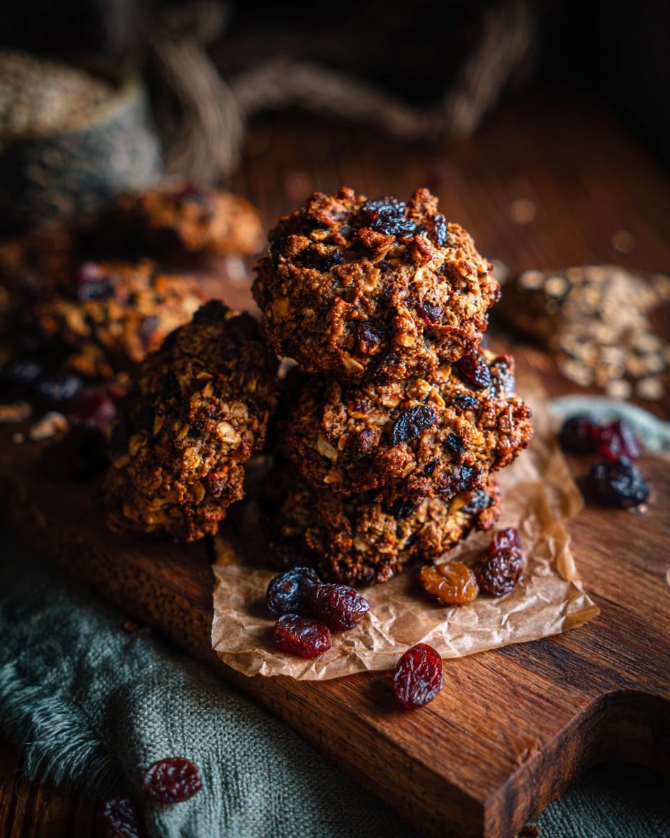 Close-up of a stack of Homemade Apple Oat Dog Biscuit Crunchies on a wooden board with dried fruit.