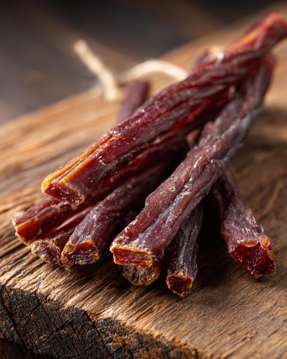 Close-up of homemade beef dog chew sticks on a wooden surface. Perfect treat for your dog. The image shows the homemade beef dog chew sticks.